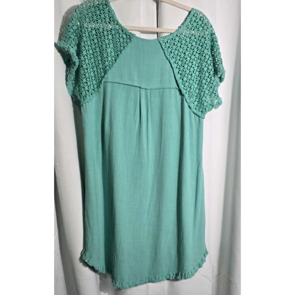 Umgee Dress Womens Medium Teal Short Sleeve Frayed Round Neck Boho Chic - Picture 2 of 7
